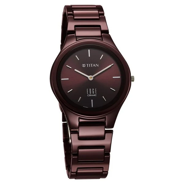 Titan Edge Wine Ceramic Quartz Analog Maroon Dial Red Ceramic Strap Watch For Women