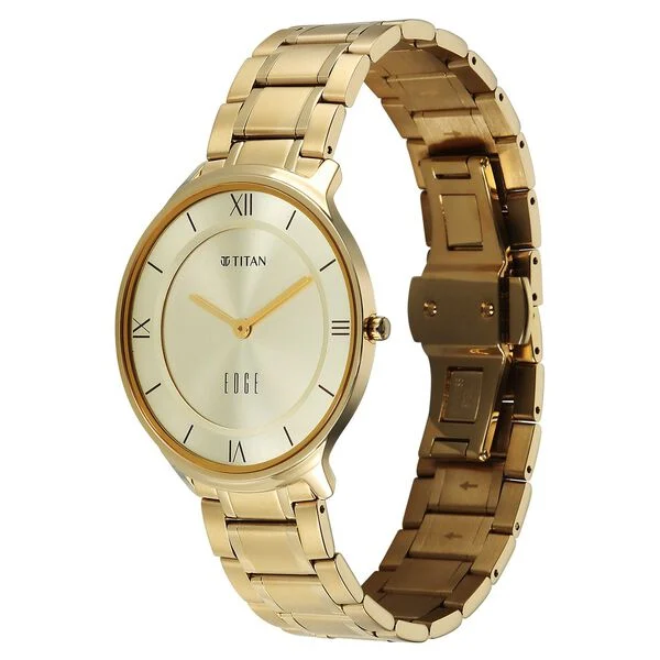 Titan Edge Gleam Quartz Analog Champagne Dial Golden Stainless Steel Strap Watch For Men