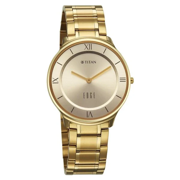 Titan Edge Gleam Quartz Analog Champagne Dial Golden Stainless Steel Strap Watch For Men