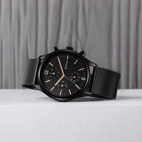 Titan Neo Black & Gold Quartz Analog with Day and Date Black Dial Stainless Steel Strap Watch for Men