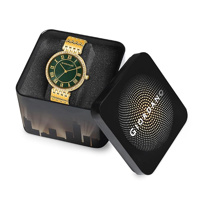 Giordano Eleganza Collection Round Analog Watch for Women, Diamond-Set with Metal Strap Ladies Water Resistant Wrist Watch
