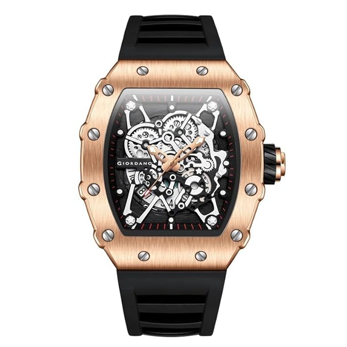 Giordano Analog Watch for Men - Skeleton-Style Dial | Brushed Steel Case with Silicone Strap