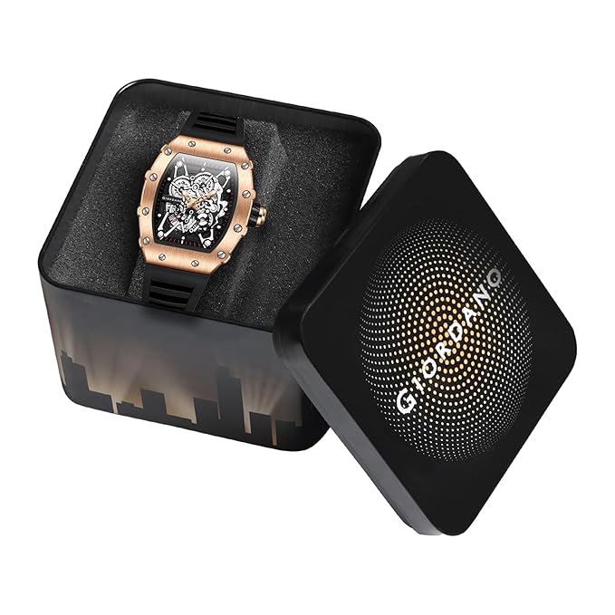 Giordano Analog Watch for Men - Skeleton-Style Dial | Brushed Steel Case with Silicone Strap
