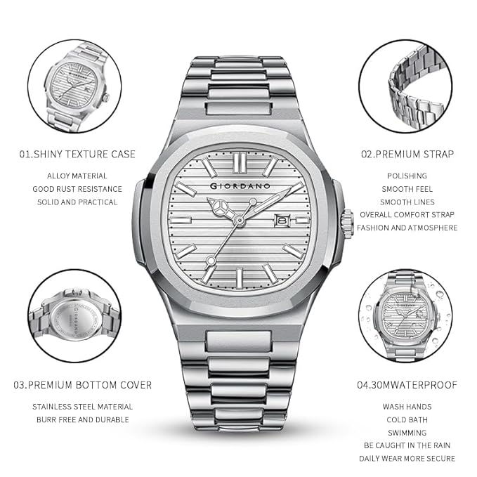 GIORDANO Analog Watch for Men – Textured Dial, Stainless Steel Strap, Date Display, Quartz Movement, Water Resistant