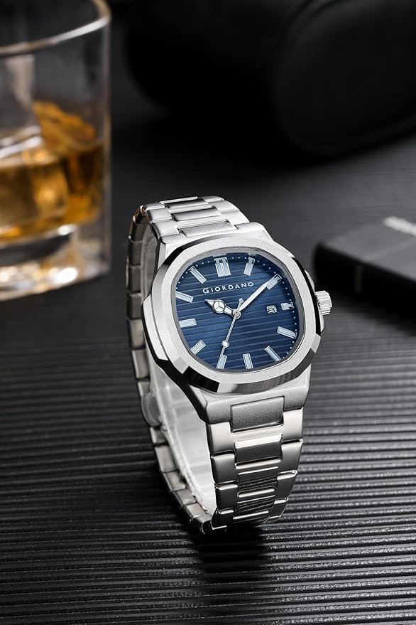 GIORDANO Analog Watch for Men – Textured Dial, Stainless Steel Strap, Date Display, Quartz Movement, Water Resistant