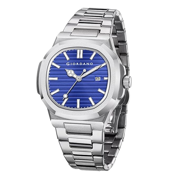 GIORDANO Analog Watch for Men – Textured Dial, Stainless Steel Strap, Date Display, Quartz Movement, Water Resistant