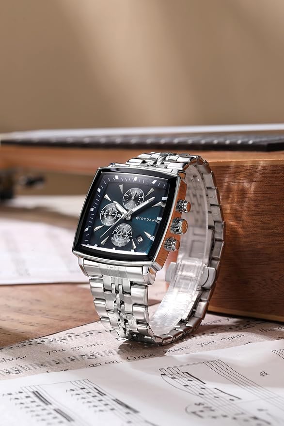 Giordano Multi Function Watch for Men with Square Dial, Stainless Steel Strap and Date Display