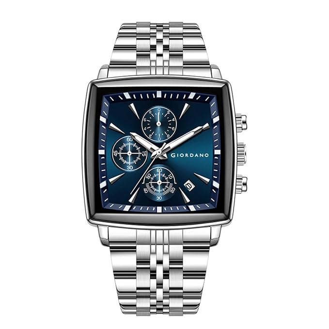 Giordano Multi Function Watch for Men with Square Dial, Stainless Steel Strap and Date Display