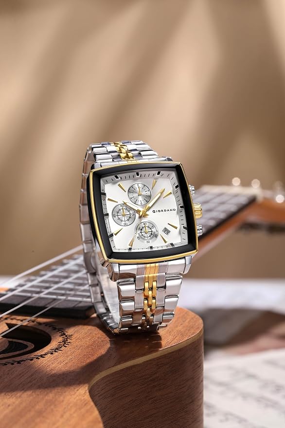 Giordano Multi Function Watch for Men with Square Dial, Stainless Steel Strap and Date Display