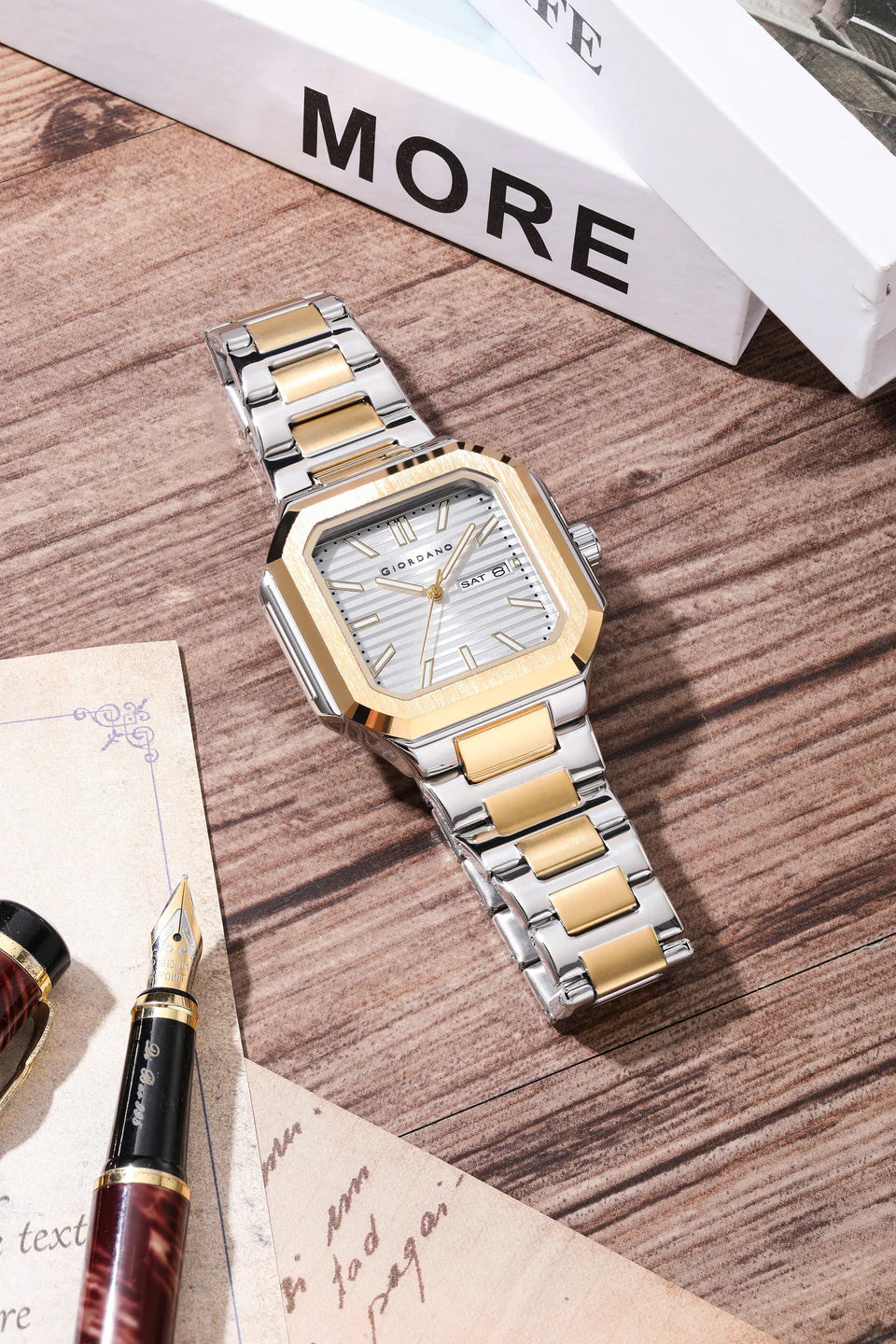 Giordano Square formal Watch for men – Textured Dial,Day & Date Display and Stylish stainless steel strap