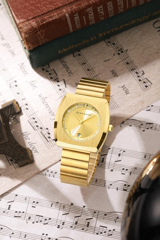 Giordano Square Analog Watch for Men – Sunray Gloss Dial with Crystal Hour Markers, Date Display & Stainless Steel Strap – Stylish Luxury Timepiece