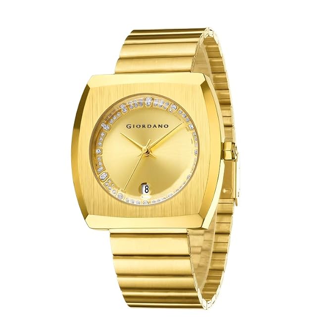 Giordano Square Analog Watch for Men – Sunray Gloss Dial with Crystal Hour Markers, Date Display & Stainless Steel Strap – Stylish Luxury Timepiece