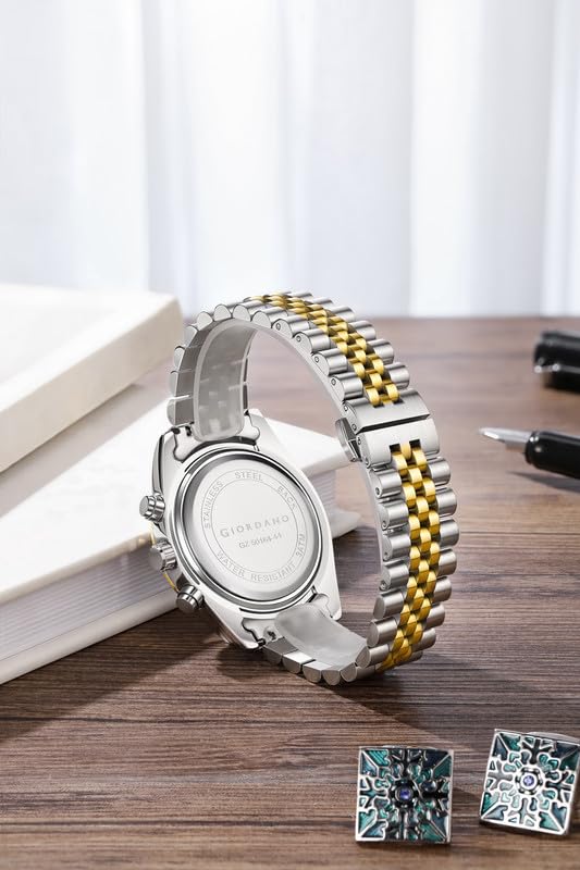 GIORDANO Chronograph Analog Watch for Men – Textured Bezel, Luminous Index Markers, Stainless Steel Strap & Date Display