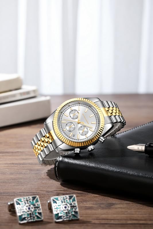 GIORDANO Chronograph Analog Watch for Men – Textured Bezel, Luminous Index Markers, Stainless Steel Strap & Date Display