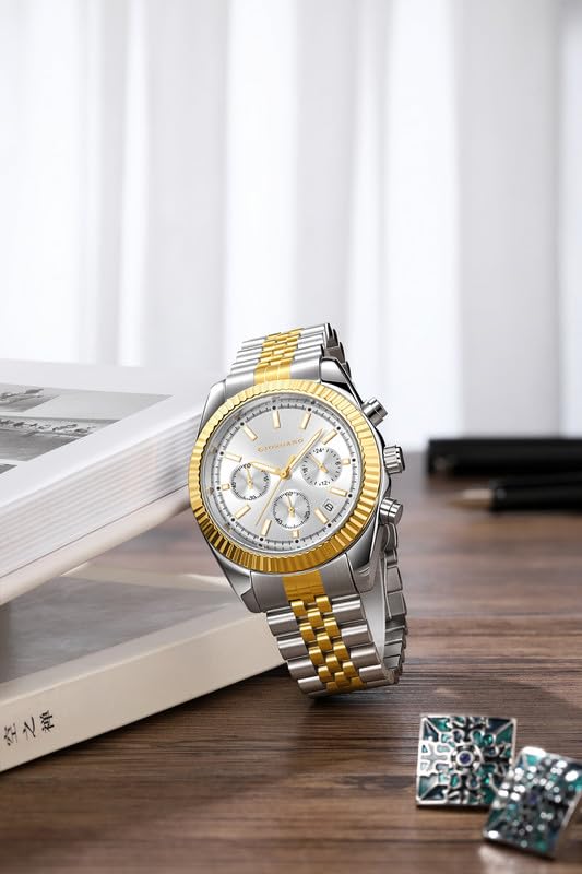 GIORDANO Chronograph Analog Watch for Men – Textured Bezel, Luminous Index Markers, Stainless Steel Strap & Date Display