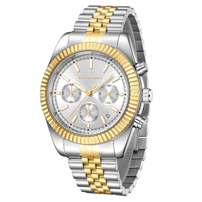 GIORDANO Chronograph Analog Watch for Men – Textured Bezel, Luminous Index Markers, Stainless Steel Strap & Date Display