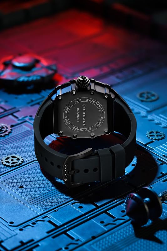 Giordano Analog Skeleton Dial Watch for Men – Tonneau Case, Silicone Strap, Open-Gear Sport Design, Quartz Movement
