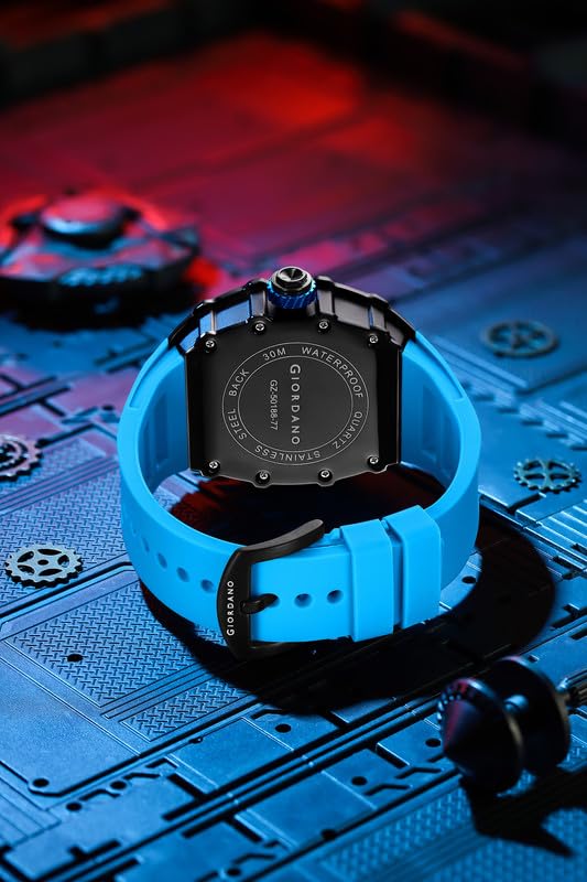 Giordano Analog Skeleton Dial Watch for Men – Tonneau Case, Silicone Strap, Open-Gear Sport Design, Quartz Movement