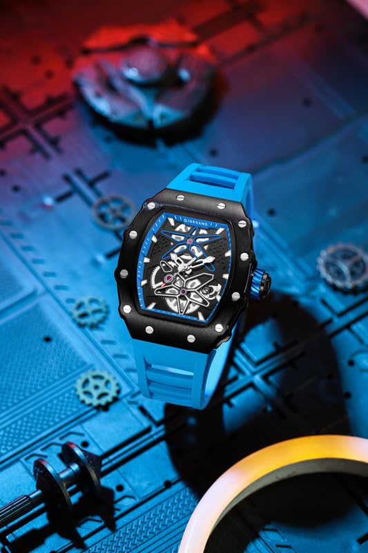 Giordano Analog Skeleton Dial Watch for Men – Tonneau Case, Silicone Strap, Open-Gear Sport Design, Quartz Movement