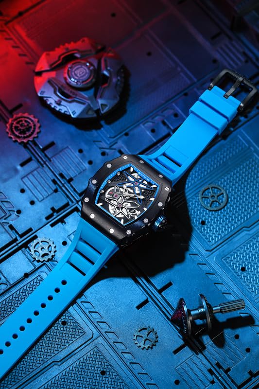 Giordano Analog Skeleton Dial Watch for Men – Tonneau Case, Silicone Strap, Open-Gear Sport Design, Quartz Movement