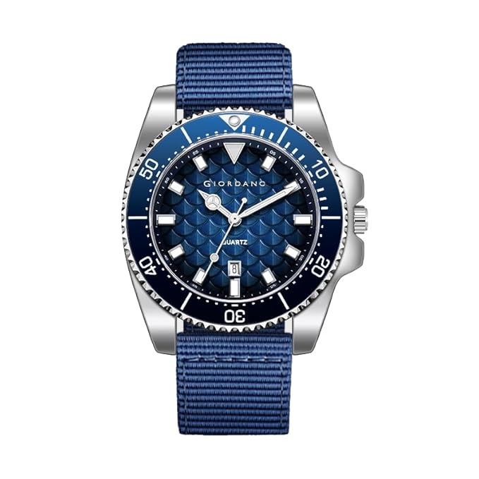 Giordano Analog Quartz Watch for Men with Black Textured Fish Scale Dial, Luminous Hands & Markers, Date Window, Nylon NATO Strap, Rotating Bezel