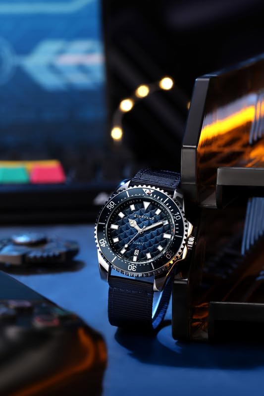 Giordano Analog Quartz Watch for Men with Black Textured Fish Scale Dial, Luminous Hands & Markers, Date Window, Nylon NATO Strap, Rotating Bezel