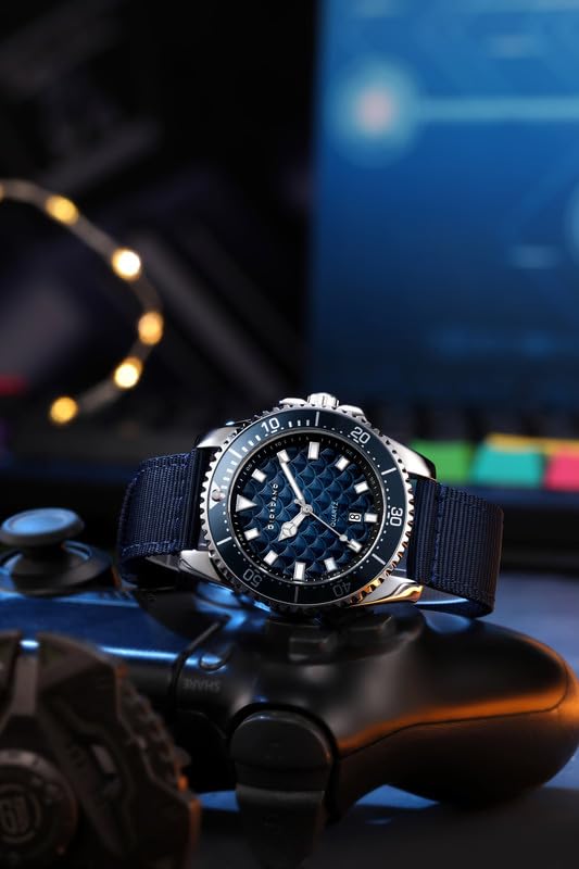 Giordano Analog Quartz Watch for Men with Black Textured Fish Scale Dial, Luminous Hands & Markers, Date Window, Nylon NATO Strap, Rotating Bezel