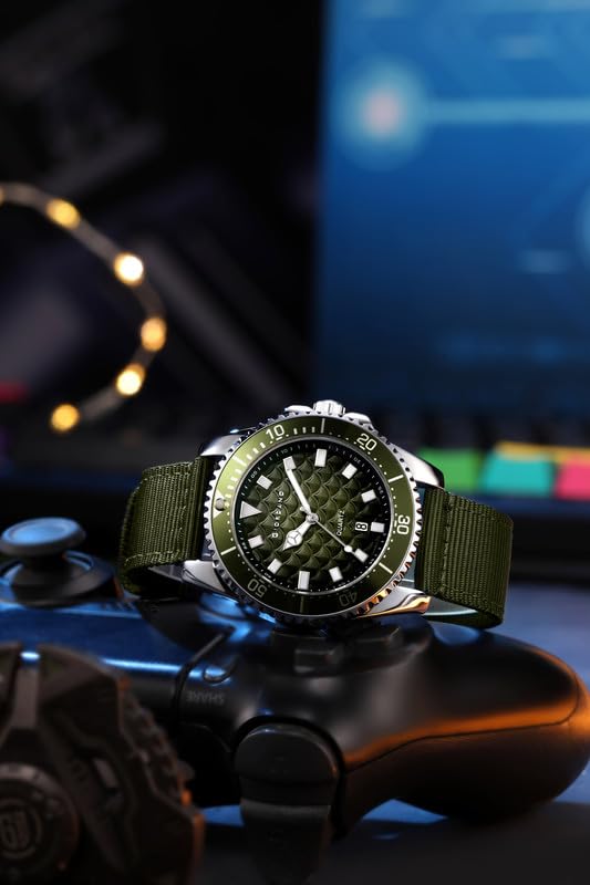 Giordano Analog Quartz Watch for Men with Black Textured Fish Scale Dial, Luminous Hands & Markers, Date Window, Nylon NATO Strap, Rotating Bezel