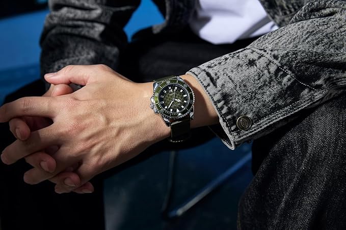 Giordano Analog Quartz Watch for Men with Black Textured Fish Scale Dial, Luminous Hands & Markers, Date Window, Nylon NATO Strap, Rotating Bezel