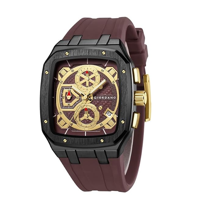 Giordano Chronograph Watch for Men with Square Dial, Quartz Movement, Three Sub-Dials, Date Display and Silicone Strap