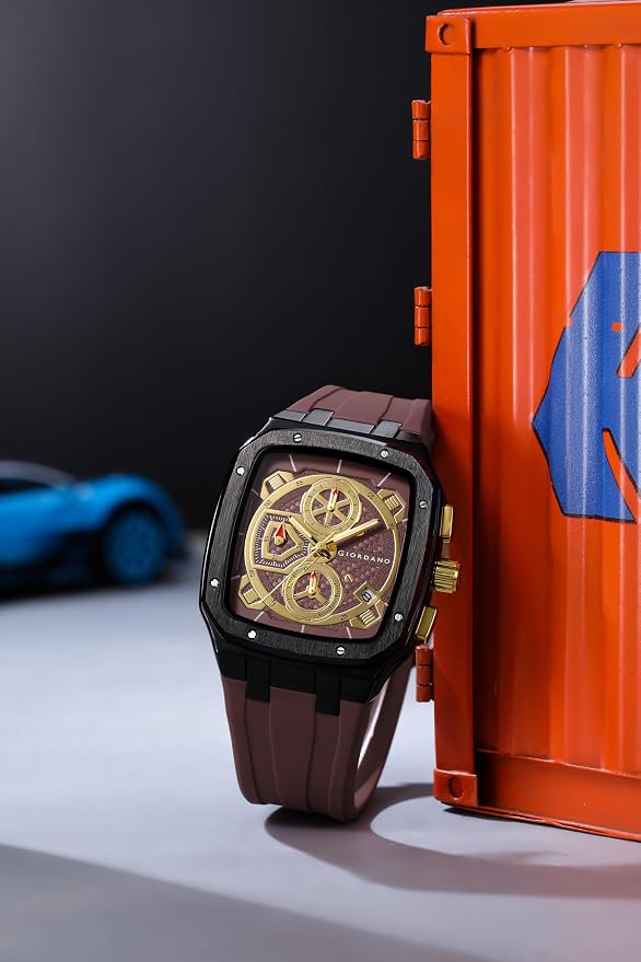 Giordano Chronograph Watch for Men with Square Dial, Quartz Movement, Three Sub-Dials, Date Display and Silicone Strap