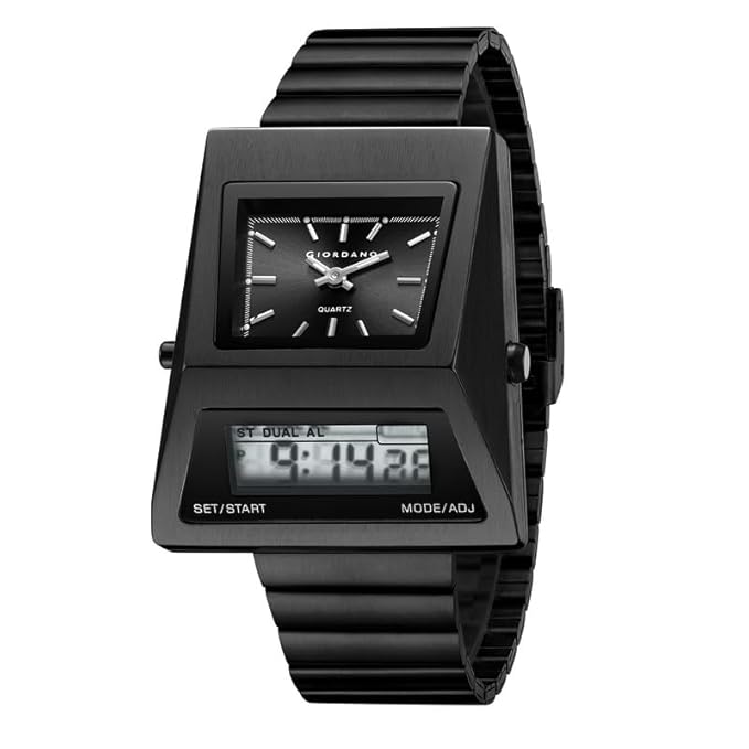 Giordano Analog Digital Watch for Men with Triangle Shape Black Dial, Dual Time Display, Black Stainless Steel Strap