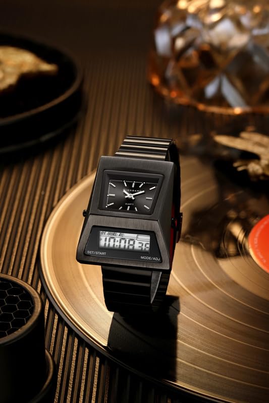 Giordano Analog Digital Watch for Men with Triangle Shape Black Dial, Dual Time Display, Black Stainless Steel Strap