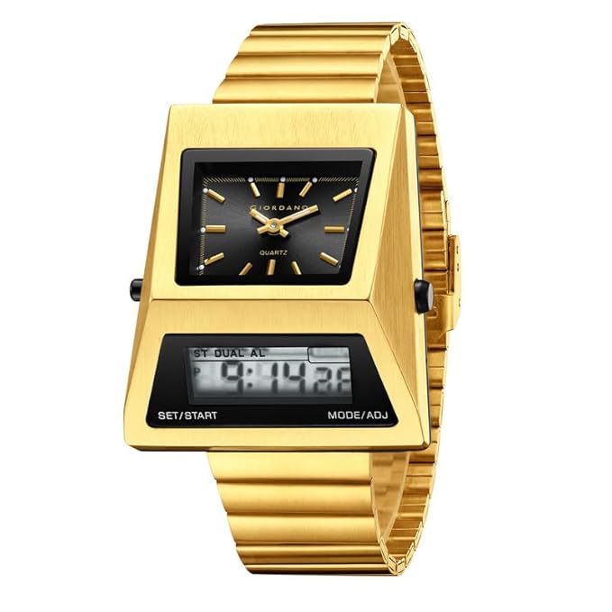 Giordano Analog Digital Watch for Men with Triangle Shape Black Dial, Dual Time Display, Gold Stainless Steel Strap