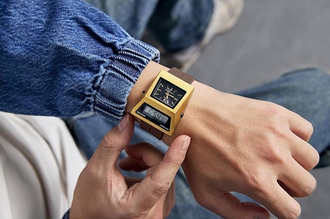 Giordano Analog Digital Watch for Men with Triangle Shape Black Dial, Dual Time Display, Gold Stainless Steel Strap