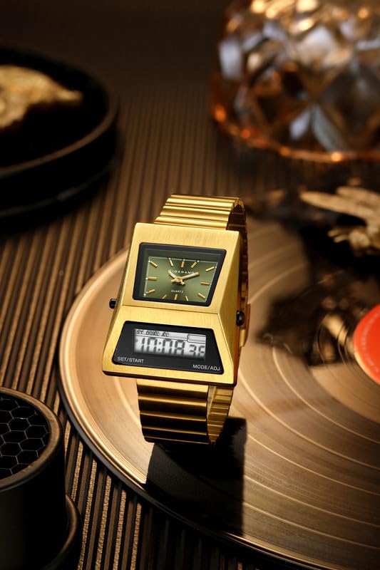 Giordano Analog Digital Watch for Men with Triangle Shape Green Dial, Dual Time Display, Gold Stainless Steel Strap