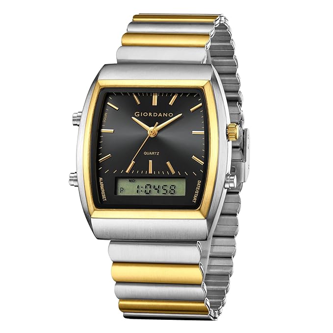 Giordano Analog Digital Watch for Men with Square Dial, Day Function, Stainless Steel Strap