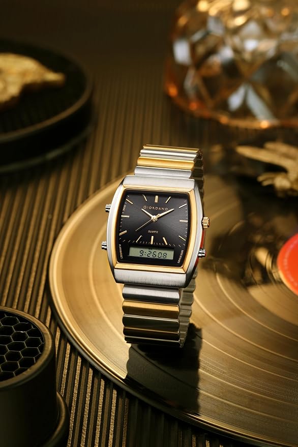 Giordano Analog Digital Watch for Men with Square Dial, Day Function, Stainless Steel Strap