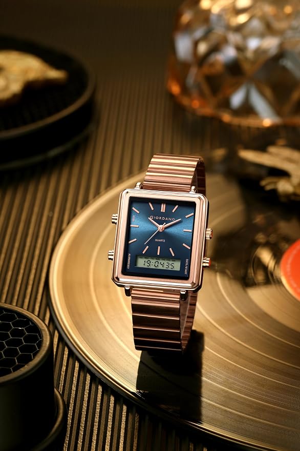 Giordano Analog Digital Watch for Men with Square Dial, Dual Time Display, Stainless Steel Strap