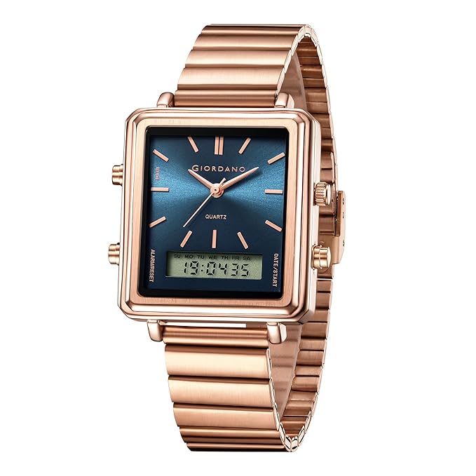 Giordano Analog Digital Watch for Men with Square Dial, Dual Time Display, Stainless Steel Strap