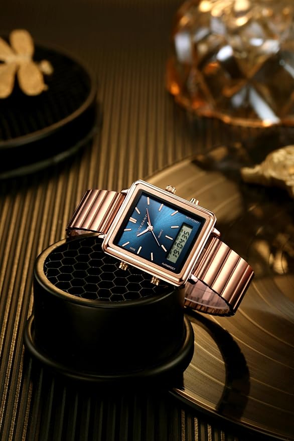 Giordano Analog Digital Watch for Men with Square Dial, Dual Time Display, Stainless Steel Strap
