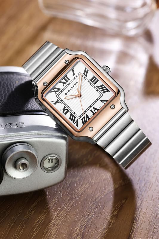 Giordano Analog Watch for Men with Square Textured Dial, Roman Numerals, Quartz Movement and Stainless Steel Strap