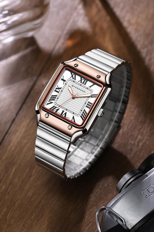 Giordano Analog Watch for Men with Square Textured Dial, Roman Numerals, Quartz Movement and Stainless Steel Strap