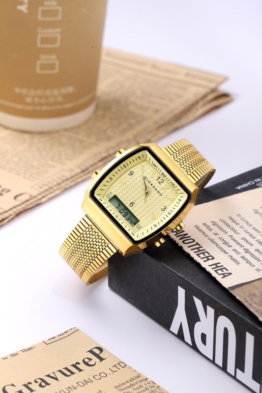 Giordano Analog-Digital Square Watch for Men Dual Time Display, Quartz Movement, Day Display Function, Textured Dial and Stainless Steel Strap