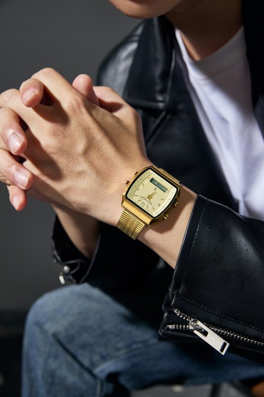 Giordano Analog-Digital Square Watch for Men Dual Time Display, Quartz Movement, Day Display Function, Textured Dial and Stainless Steel Strap