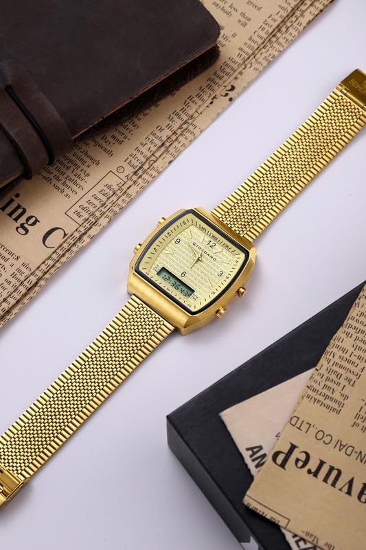 Giordano Analog-Digital Square Watch for Men Dual Time Display, Quartz Movement, Day Display Function, Textured Dial and Stainless Steel Strap