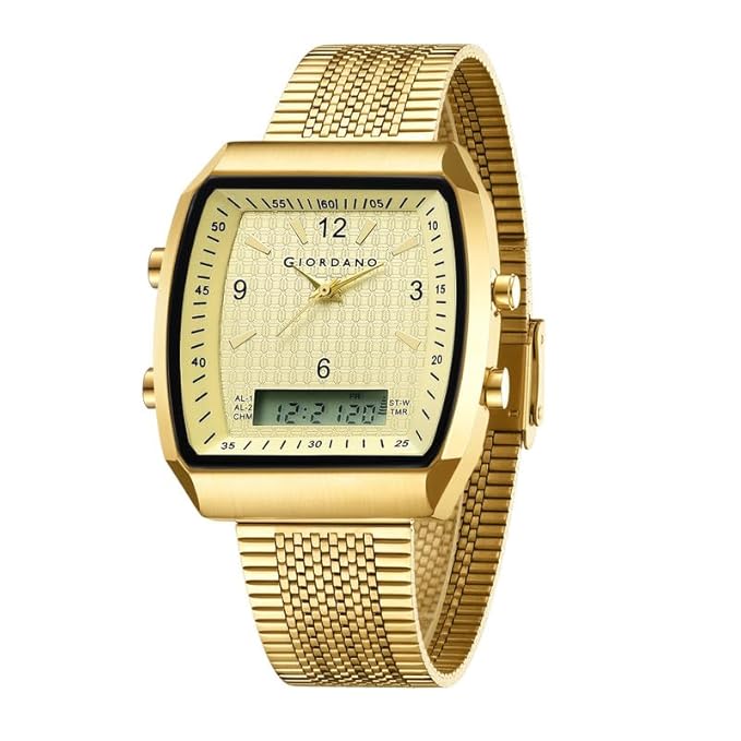 Giordano Analog-Digital Square Watch for Men Dual Time Display, Quartz Movement, Day Display Function, Textured Dial and Stainless Steel Strap