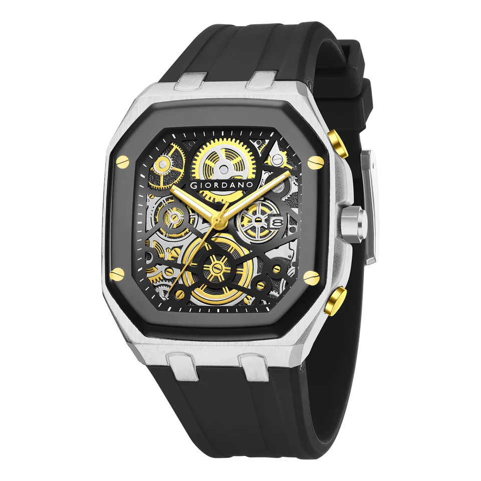 Giordano Skeleton Dial Analog Watch for Men – Silver Tone Case, Black Silicone Strap, Date Display & Transparent Mechanical Design
