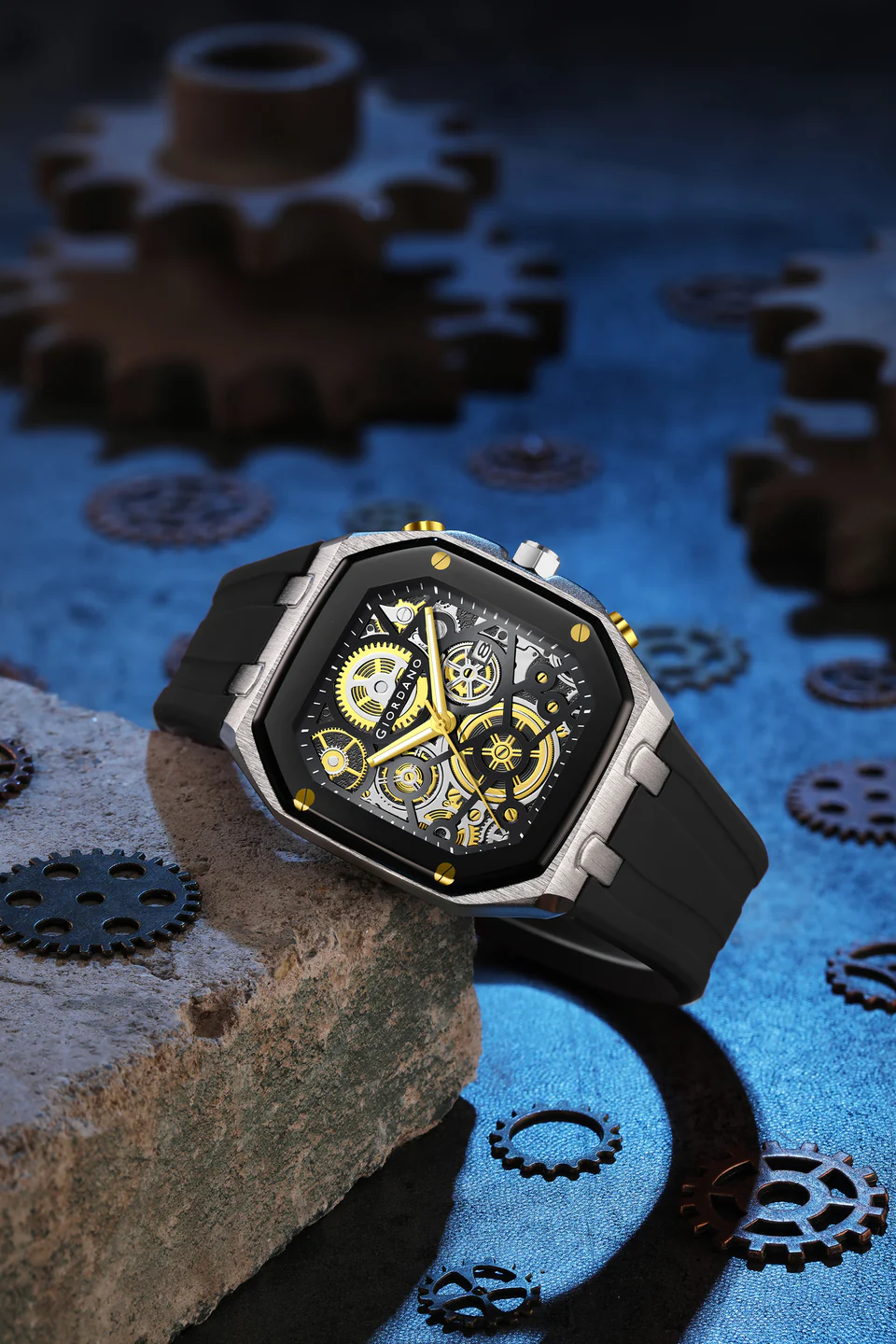 Giordano Skeleton Dial Analog Watch for Men – Silver Tone Case, Black Silicone Strap, Date Display & Transparent Mechanical Design