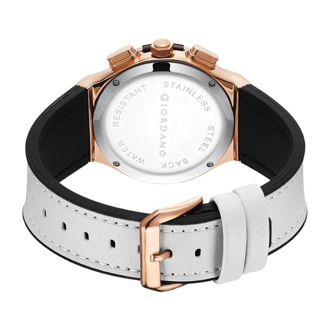 Giordano Analog Watch for Women – Round Dial, Leather Strap, Crystal-Studded Bezel with Quartz Movement